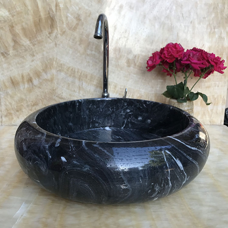 Round Nero Marquina Marble Bathroom Stone Sink